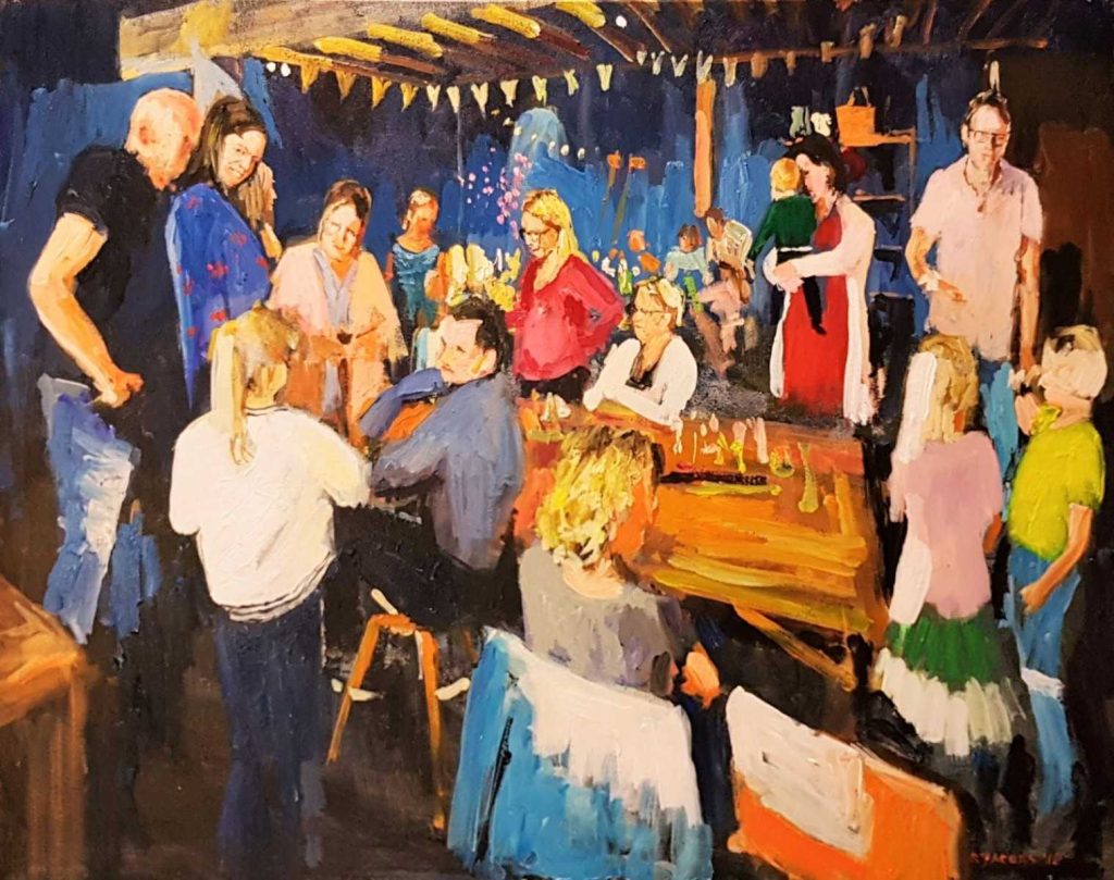 Rob Jacobs schildert doek van 80x100cm tijdens het feest in Veghel, Noord-Brabant.