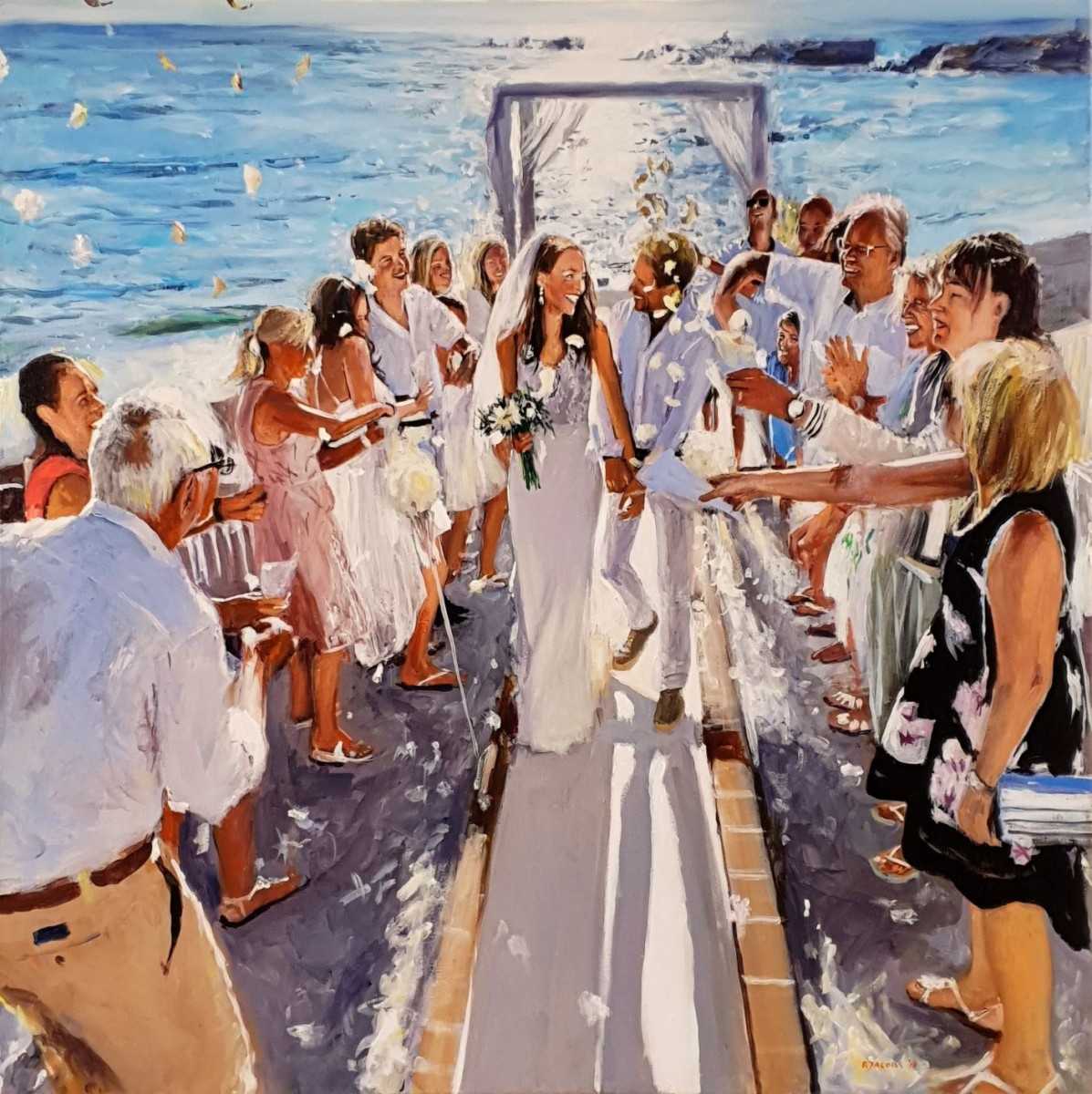 Rob Jacobs schildert doek van 100x100cm tijdens de ceremonie in Cyprus.