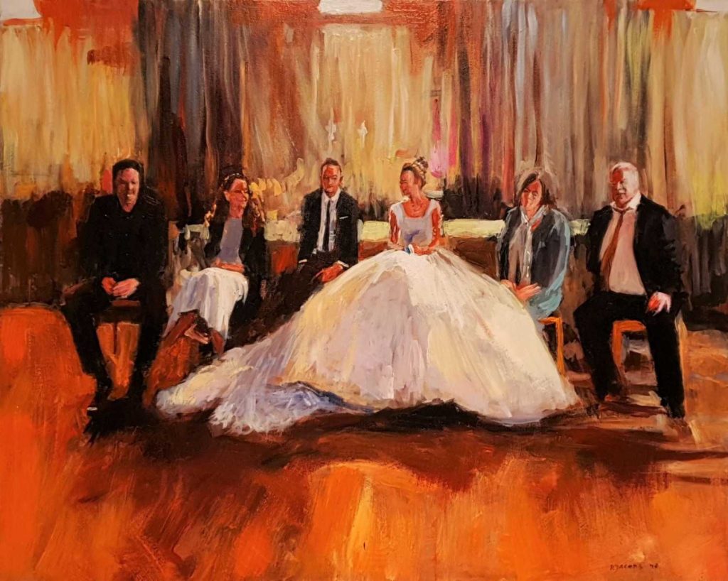 Rob Jacobs schildert doek van 80x100cm tijdens de ceremonie in Lemmer, Friesland.