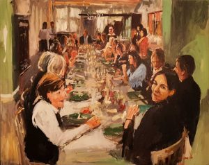 Rob Jacobs schildert doek van 80x100cm tijdens het diner in Amsterdam, Noord-Holland.