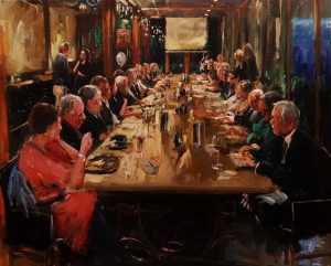Rob Jacobs schildert doek van 80x100cm tijdens het diner in Oosterhout, Noord-Brabant.