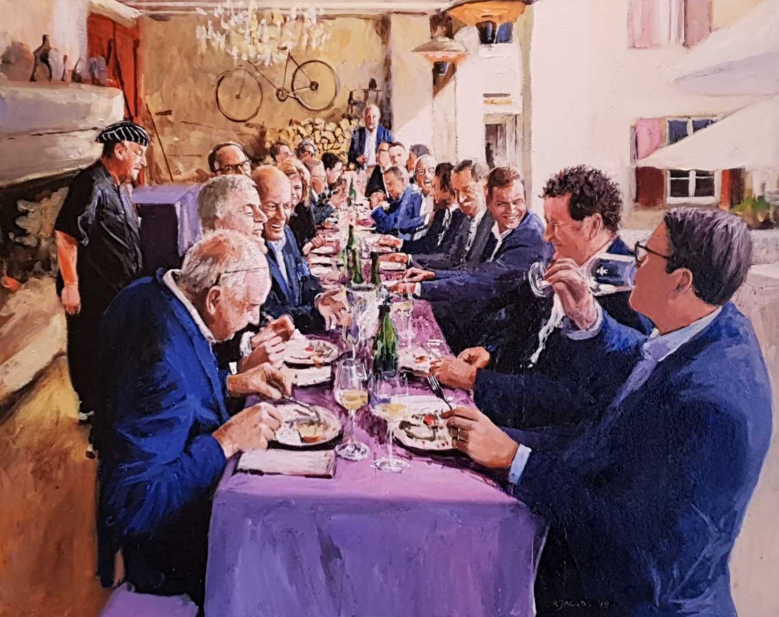 Rob Jacobs schildert doek van de diner-scène op het tafel in Wachenheim op 181106.