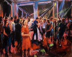 Rob Jacobs schildert doek van 80x100cm tijdens het feest in Amsterdam, Noord-Holland.