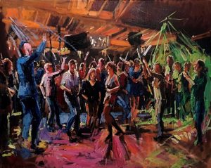 Rob Jacobs schildert doek van 80x100cm tijdens het feest in Amsterdam, Noord-Holland.