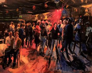 Rob Jacobs schildert doek van 80x100cm tijdens het feest in Haarlem, Noord-Holland.