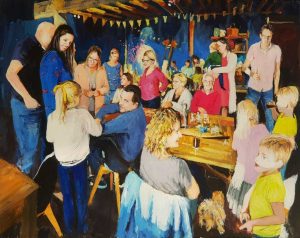 Rob Jacobs schildert doek van 80x100cm tijdens het feest in Veghel, Noord-Brabant.
