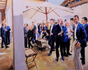 Rob Jacobs schildert doek van 80x100cm tijdens het feest op het terras in Wachenheim op 181106.