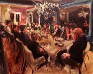 Rob Jacobs schildert doek van 80x100cm tijdens een diner in Brasschaat, Antwerpen.