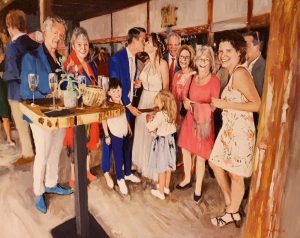 Rob Jacobs schildert doek van 80x100cm tijdens het diner in Amsterdam, Noord-Holland.