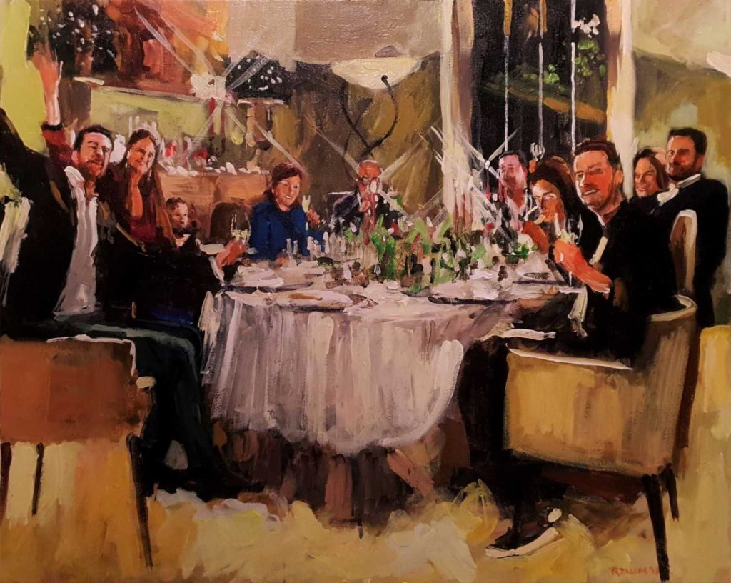 Rob Jacobs schildert doek van 80x100cm tijdens het diner in Brasschaat, Antwerpen.