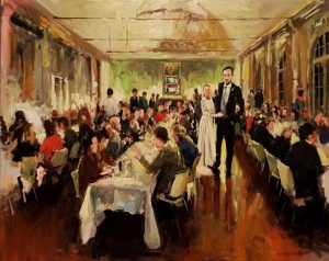 Rob Jacobs schildert doek van 80x100cm tijdens het diner in Kasteel Amerongen, Utrecht.