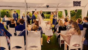 Rob Jacobs schildert doek van 80x140cm tijdens het diner in Oirschot, Noord-Brabant.