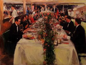 Rob Jacobs schildert doek van 120x160cm tijdens het diner in Vught, Noord-Brabant.