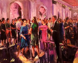 Rob Jacobs schildert doek van 80x100cm tijdens het feest in Rotterdam, Zuid-Holland.