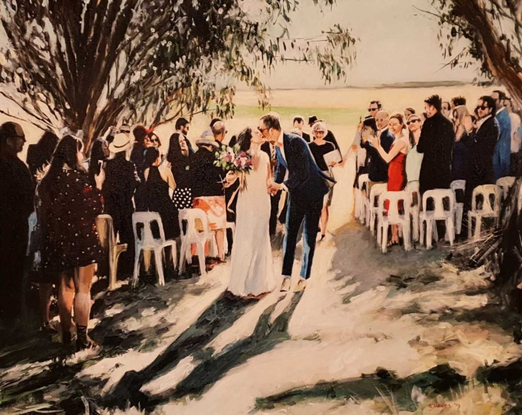 Rob Jacobs schildert doek van 80x100cm tijdens de bruiloft in Australië.