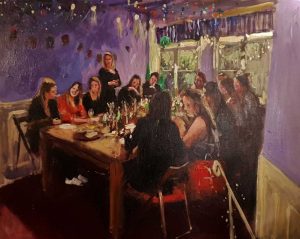 Rob Jacobs schildert doek van 80x100cm tijdens het diner in Amsterdam, Noord-Holland.