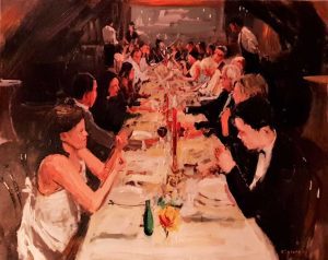 Rob Jacobs schildert doek van 80x100cm tijdens het diner in Leiden, Zuid-Holland.