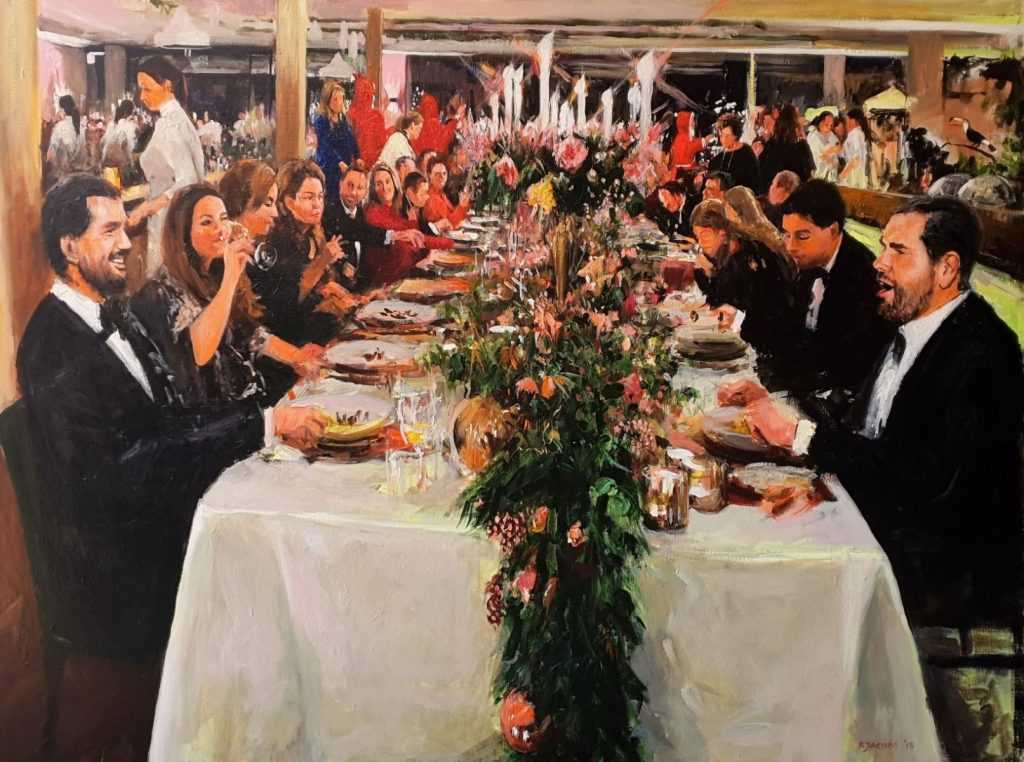 Rob Jacobs schildert doek van 120x160cm tijdens het diner in Vught, Noord-Brabant.