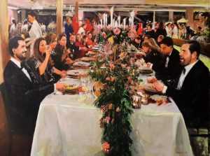 Rob Jacobs schildert doek van 120x160cm tijdens het diner in Vught, Noord-Brabant.