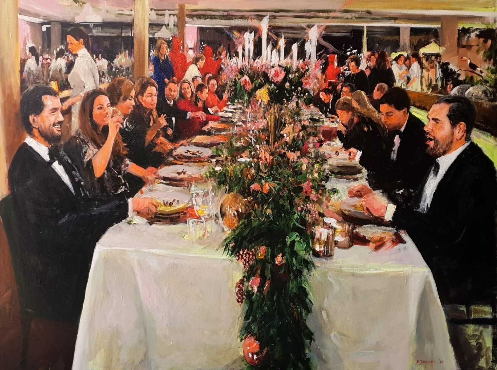 Rob Jacobs schildert doek van 120x160cm tijdens het diner in Vught, Noord-Brabant.