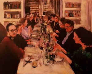 Rob Jacobs schildert doek van 80x100cm tijdens het diner in Zeist, Utrecht.