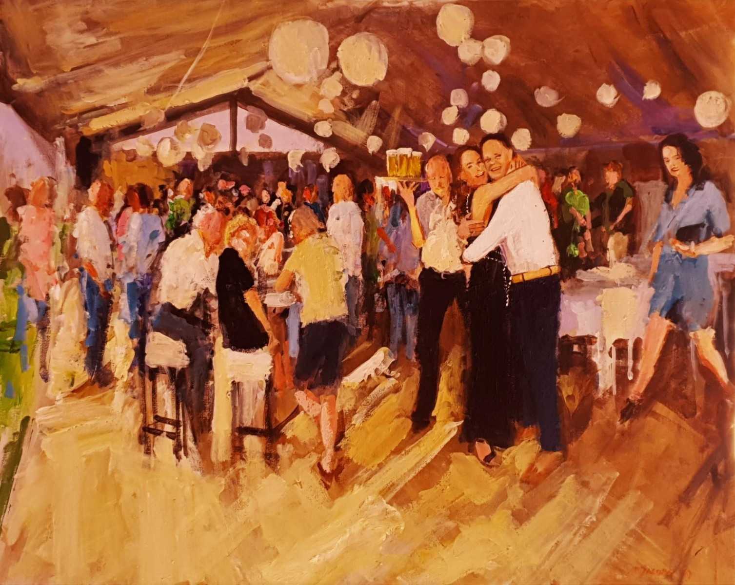 Rob Jacobs schildert doek tijdens diner in Landgraaf, Limburg.