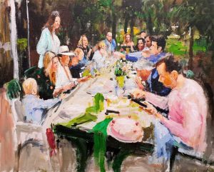 Rob Jacobs schildert doek van 80x100cm tijdens diner in Oosterhout, Noord-Brabant.