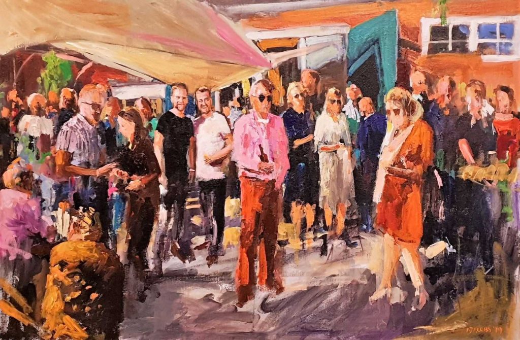 Rob Jacobs schildert doek van 80x120cm tijdens feest in Oisterwijk, Noord-Brabant.