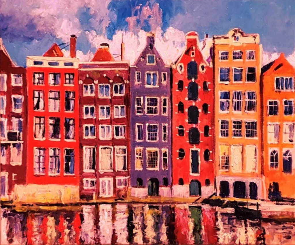 Rob Jacobs schildert stadsbeeld van Amsterdam.