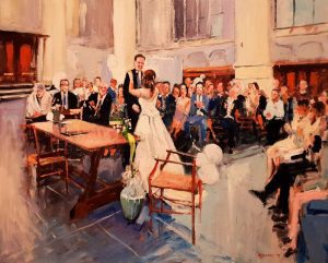 Rob Jacobs schildert doek van 80x100cm tijdens ceremonie in Leiden, Zuid-Holland.
