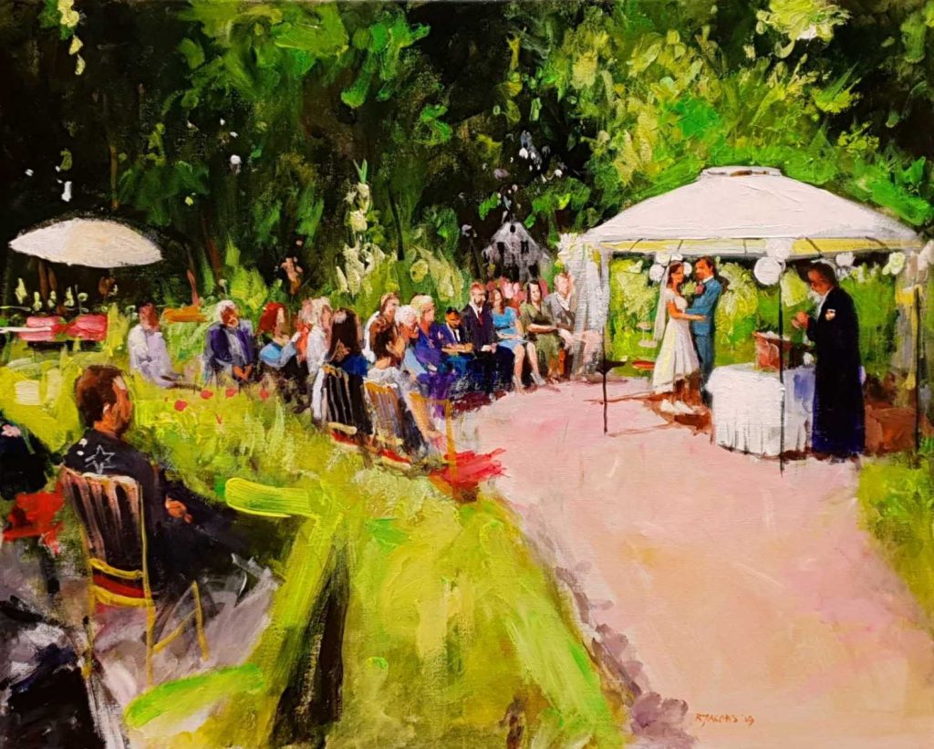 Rob Jacobs schildert doek van 80x100cm tijdens ceremonie in Rhoon, Zuid-Holland.