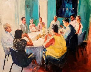 Rob Jacobs schildert doek van 80x100cm tijdens diner in Bladel, Noord-Brabant.