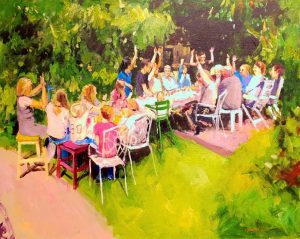 Rob Jacobs schildert doek van 80x100cm tijdens diner in Harderwijk, Gelderland.
