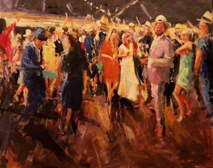 Rob Jacobs schildert doek van 80x100cm tijdens feest in Rockanje, Zuid-Holland.