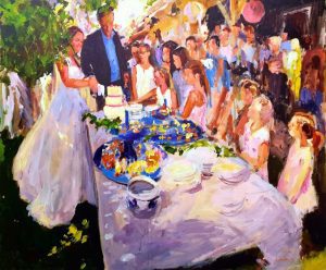 Rob Jacobs schildert doek van 100x120cm tijdens taart aansnijden in Waarland, Noord-Holland.