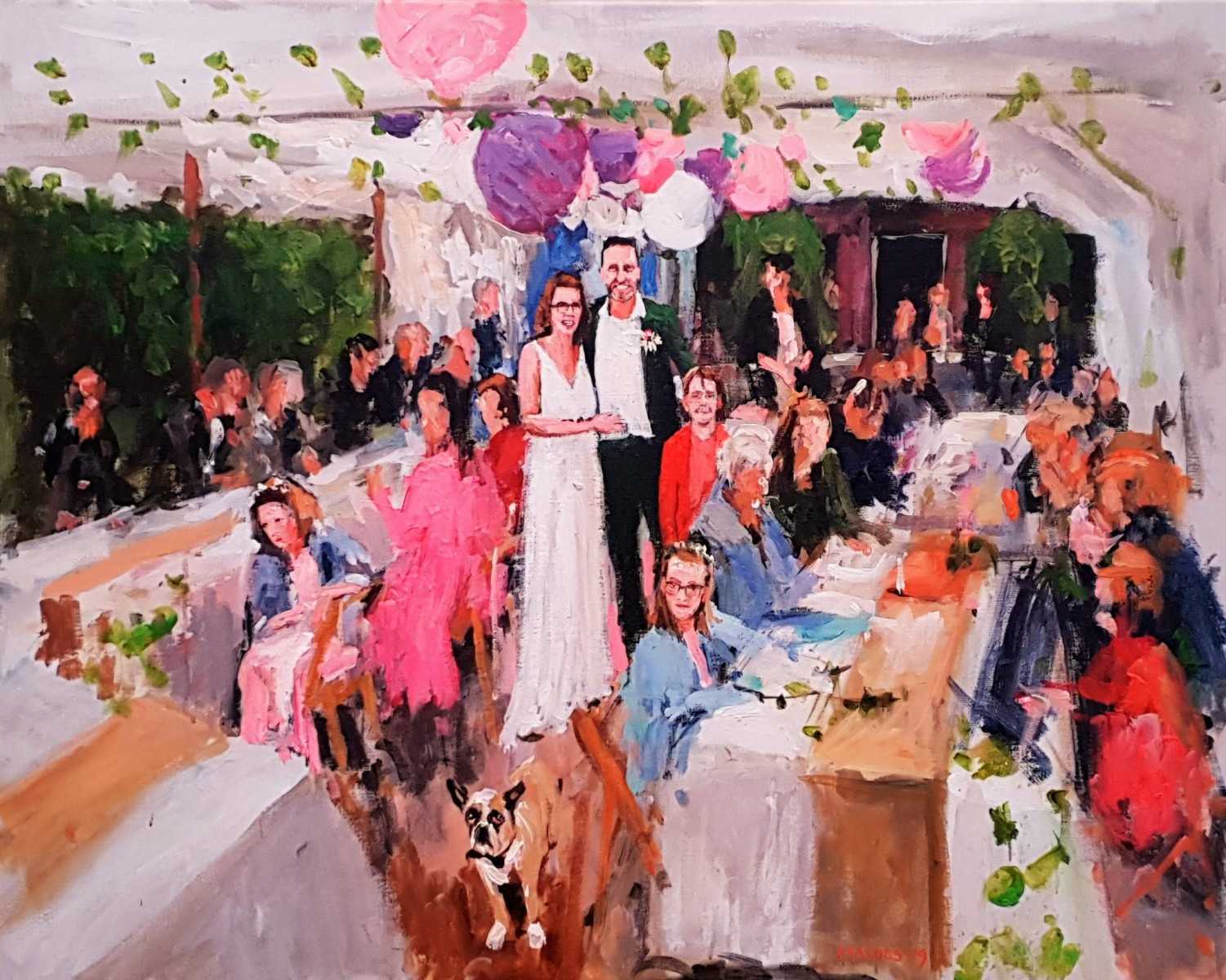 Rob Jacobs schildert doek van 80x100cm tijdens trouwfeest in Vlaardingen, Zuid-Holland.