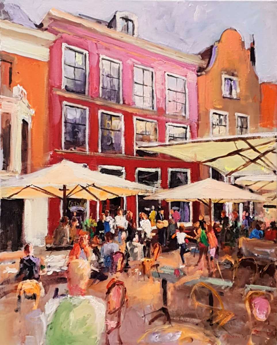 Rob Jacobs schildert doek van 80x100cm tijdens het diner in Deventer, Overijssel.