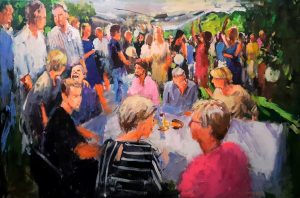 Rob Jacobs schildert doek van 80x120cm tijdens het diner.
