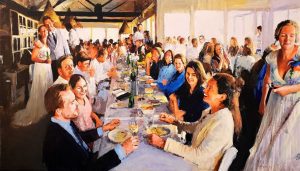 Rob Jacobs schildert doek van 80x140cm tijdens diner in Zandvoort, Noord-Holland.