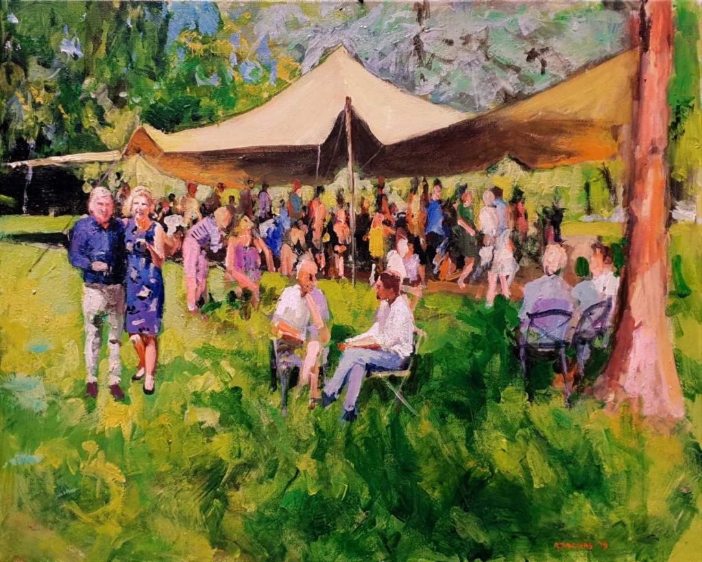 Rob Jacobs schildert doek van 80x100cm tijdens evenement in Driebergen, Utrecht.