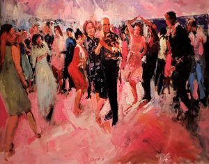 Rob Jacobs schildert doek van 80x100cm tijdens feest in BurghHaamstede, Zeeland.
