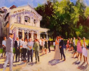 Rob Jacobs schildert doek van 80x120cm tijdens het feest.