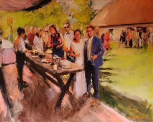 Rob Jacobs schildert doek van 80x100cm tijdens trouwerij in Meerle, Antwerpen.
