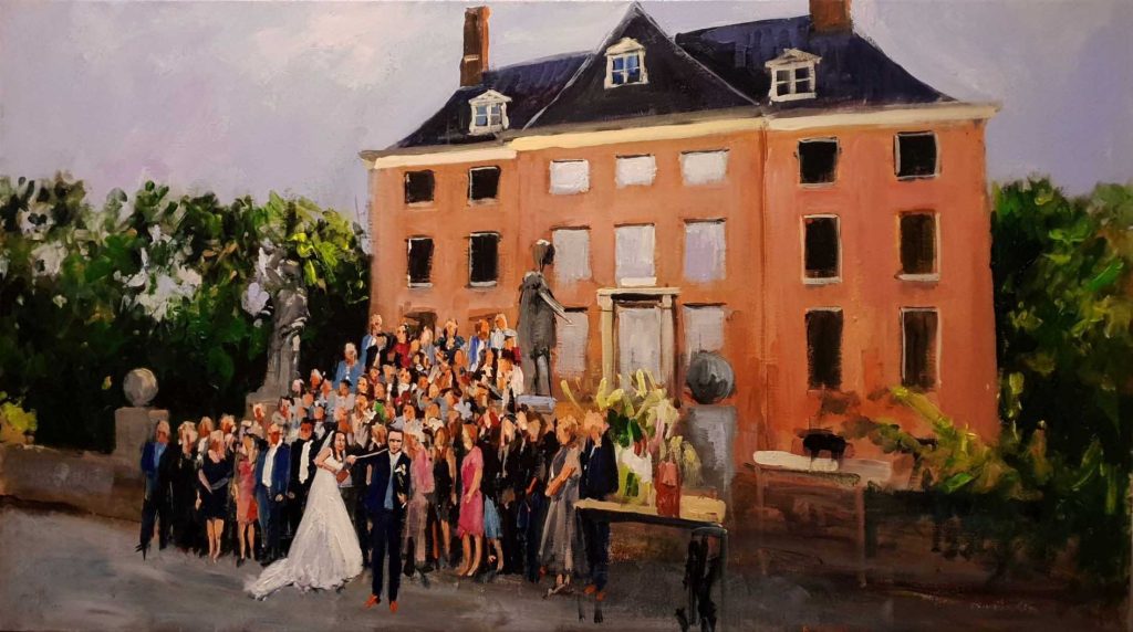 Rob Jacobs schildert doek van 80x140cm tijdens trouwfeest in Amerongen, Utrecht.