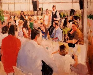 Rob Jacobs schildert doek van 80x100cm tijdens het diner in Amsterdam, Noord-Holland.