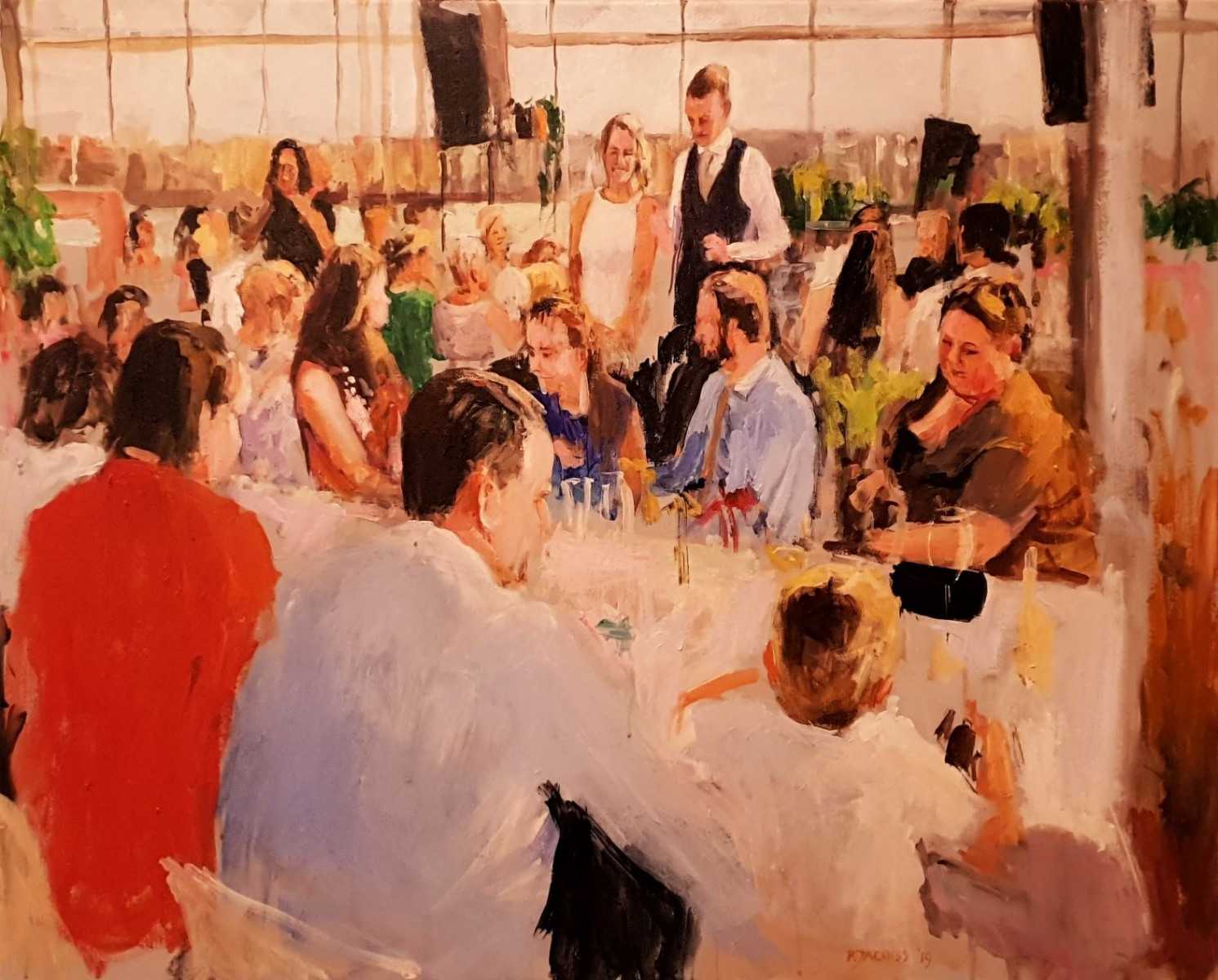 Rob Jacobs schildert doek van 80x100cm tijdens het diner in Amsterdam, Noord-Holland.