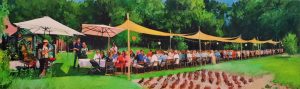 Rob Jacobs schildert doek van 60x200cm tijdens het diner in Hilversum, Noord-Holland.