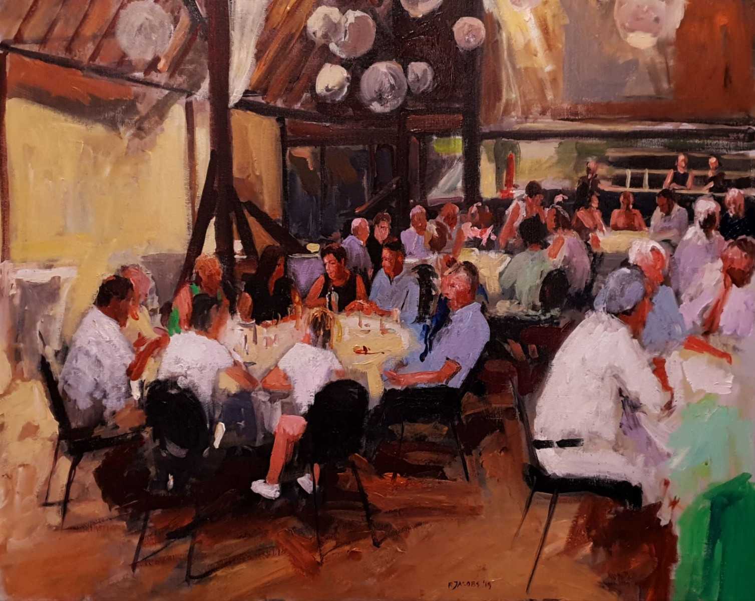 Rob Jacobs schildert doek van 80x100cm tijdens het diner.