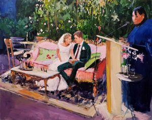 Rob Jacobs schildert doek van 80x100cm tijdens de ceremonie in Amsterdam, Noord-Holland.