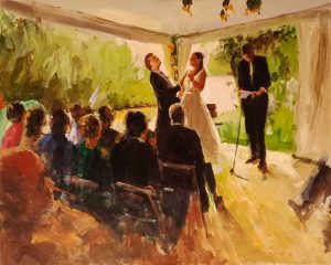Rob Jacobs schildert doek van 80x100cm tijdens de ceremonie in Eernewoude, Friesland.